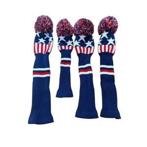 4 SCOTT EDWARD American Flag Pom Pom Golf Club Wood Head Cover Set Knit USA